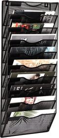 10 Pocket Mesh Hanging Wall File Organizer, Wall Mounted Mail Paper Document Folder Holder, Clipboard Storage Organization Magazine Rack with Nametag Label for Office Home School, Black