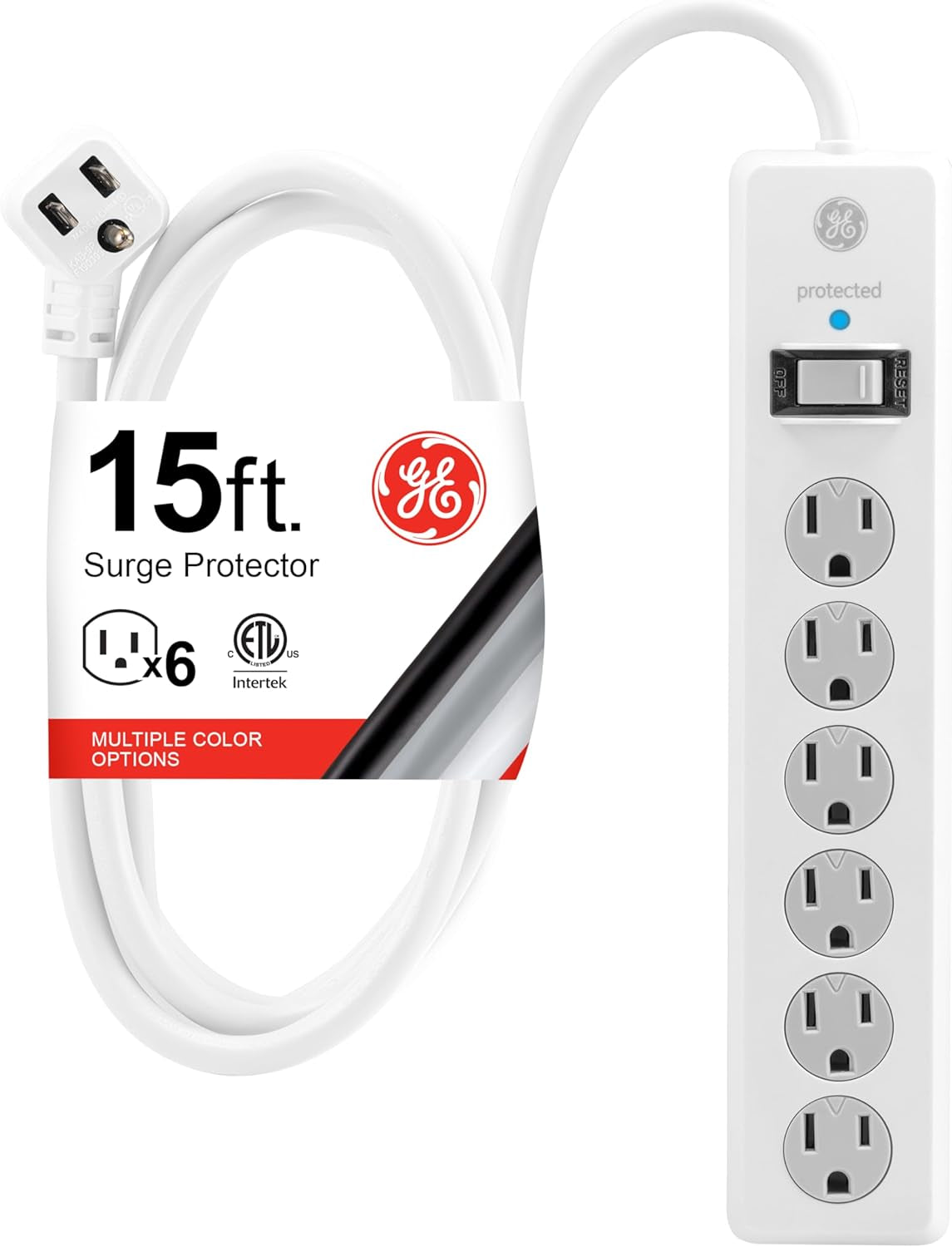 GE Surge Protector Power Strip, 15 Ft Extension Cord, 6 Outlet Extender, 800 Joules, Flat Plug, Twist-To-Close Safety Covers, ETL Listed, White, 50768