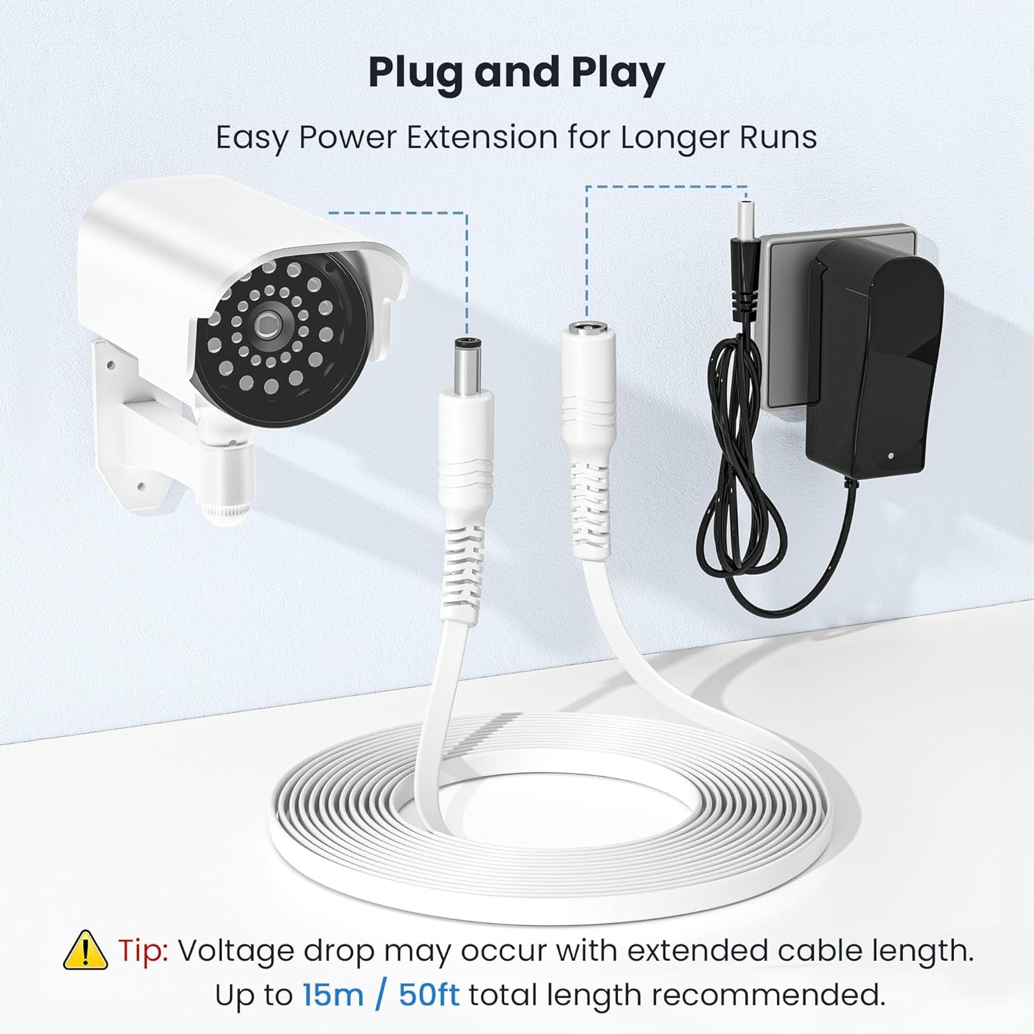 12V DC Extension Cable 30Ft 2Pack,Flat 5.5Mm X 2.1Mm 22 AWG Power Supply Extended Cord,5521 12 Volt Female to Male Barrel Plug Extender Adapter Lead for CCTV Security Camera,Eufy,Tp-Link Tapo