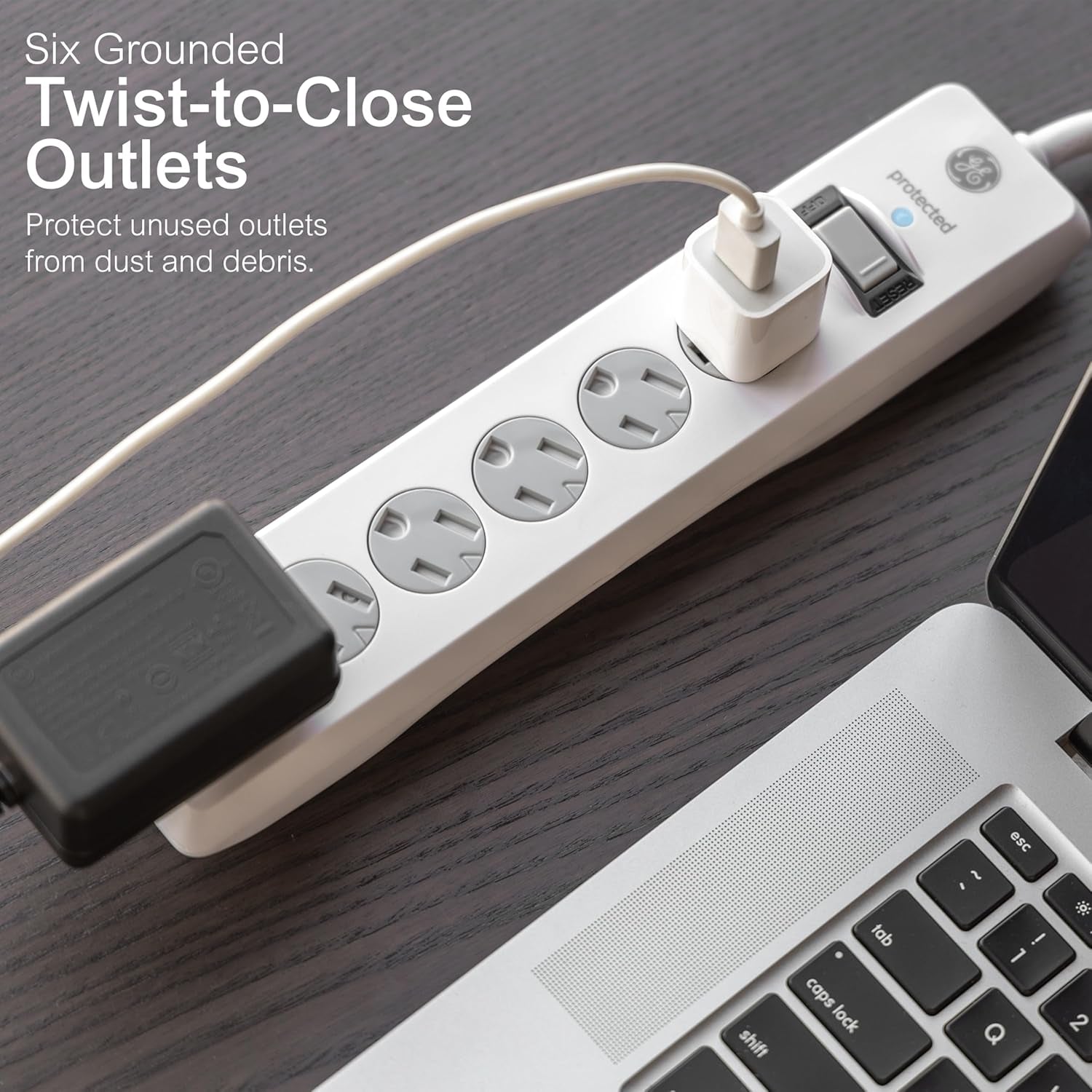 GE Surge Protector Power Strip, 15 Ft Extension Cord, 6 Outlet Extender, 800 Joules, Flat Plug, Twist-To-Close Safety Covers, ETL Listed, White, 50768