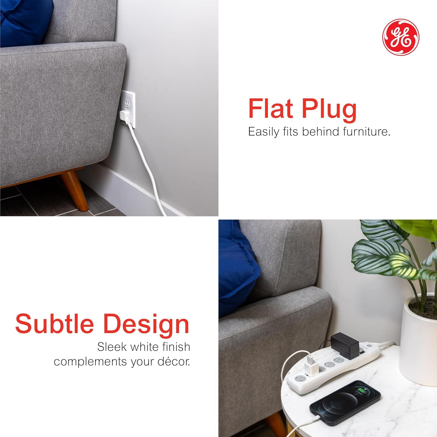 GE Surge Protector Power Strip, 15 Ft Extension Cord, 6 Outlet Extender, 800 Joules, Flat Plug, Twist-To-Close Safety Covers, ETL Listed, White, 50768